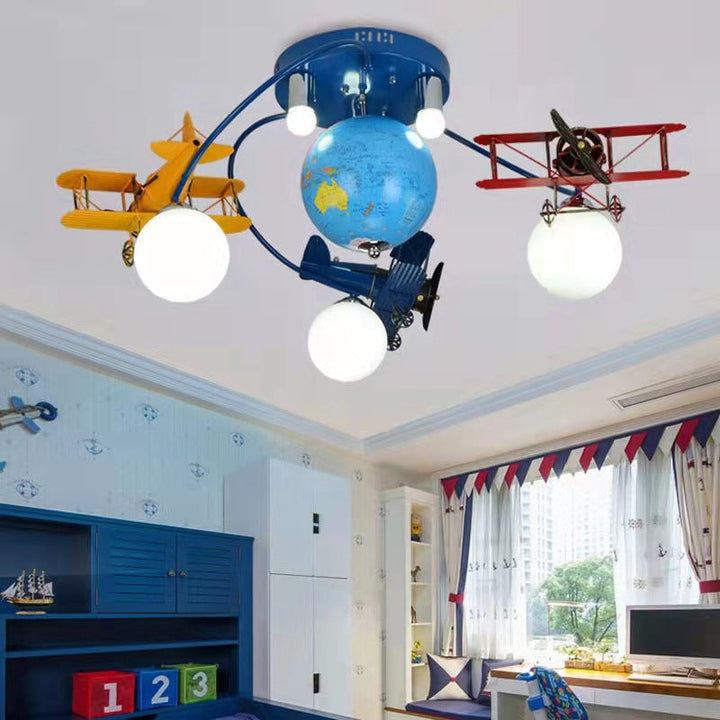 Lámpara de techo de 6 luces para dormitorio con diseño moderno Art Deco de avión con globo de vidrio e hierro para niños 