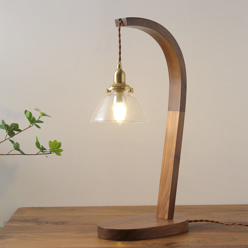 Traditionelle japanische runde Tischlampe aus Holz und Glas mit 1 Licht für Wohnzimmer 