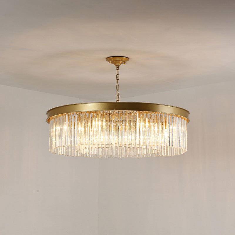 Zeitgenössischer Luxus-Kronleuchter mit Eisen-Finish, runder, abgestufter Kristallschirm, 8 Lichter, für Wohnzimmer 