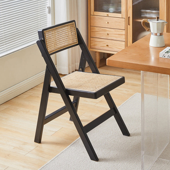 Silla de comedor vintage tradicional cuadrada de ratán PE y madera de caucho con respaldo para comedor 