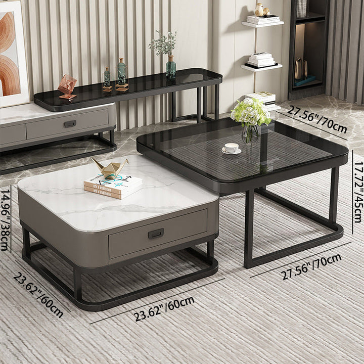 Moderner minimalistischer quadratischer Couchtisch aus Steinplatte, Gl – BulbSquare