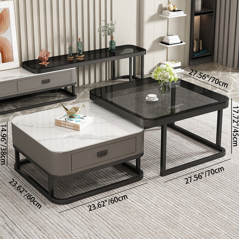 Modern Minimalist Square Rock Slab Glass Carbon Steel Faux Leather MDF Combination Coffee Table 1-Drawer For Living Room