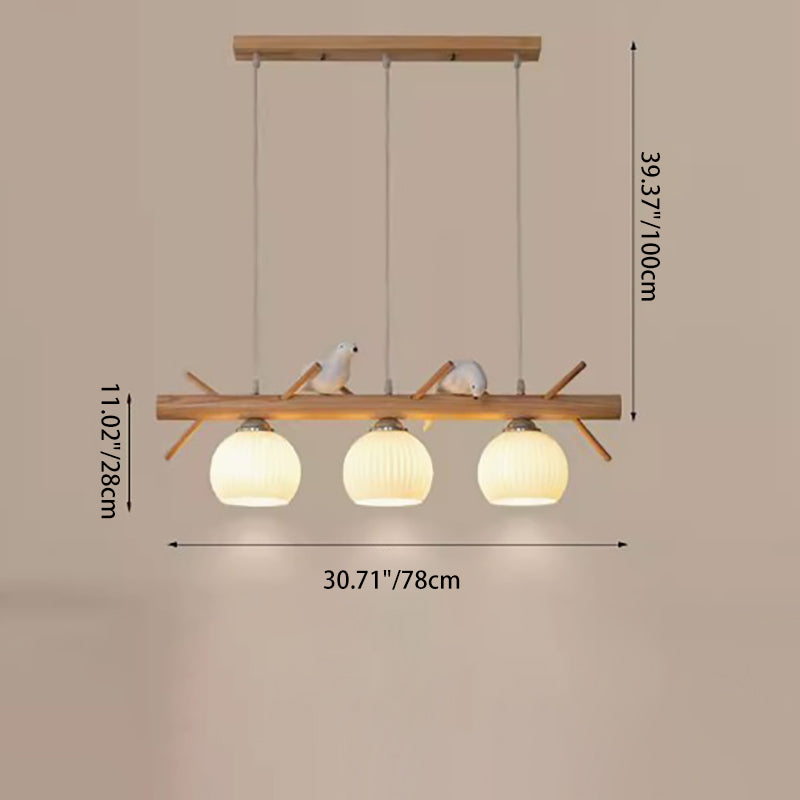 Lustre à 3 lumières avec abat-jour rond en verre et bandes de bois traditionnelles japonaises pour salon 