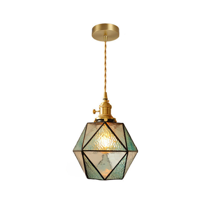 Lustre suspendu en laiton et verre polygonal vintage traditionnel à 1 lumière pour salon 