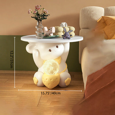Moderner Art Deco Kinderhasen-Rundteller Rechteckige Schublade Harz Holz Emaille Nachttisch mit 1 Schublade und LED-Licht für das Schlafzimmer 