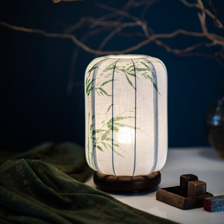 Lámpara de Mesa de 1 Luz de Hoja de Bambú Cilindro de Madera China Tradicional Algodón Cáñamo para Mesita de Noche 