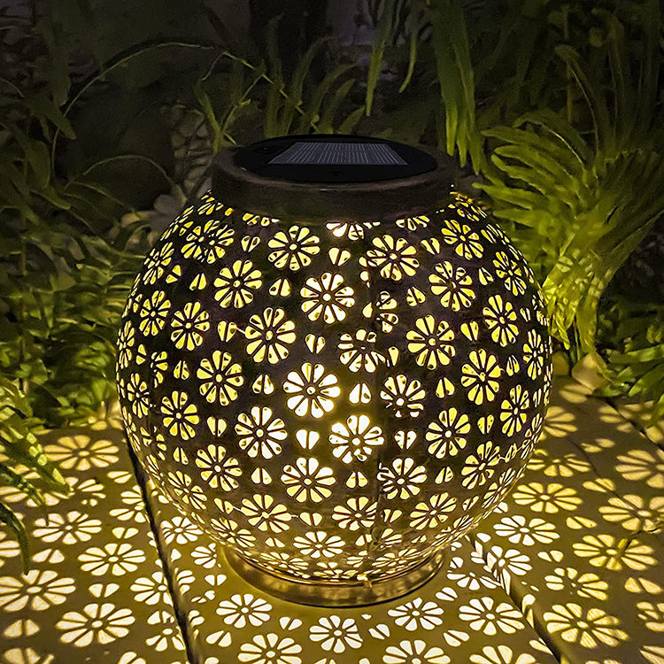 Moderne Art Deco Solar Wasserdichte Tragbare Blume Runde Laterne Eisen LED Outdoor Licht Für Garten 