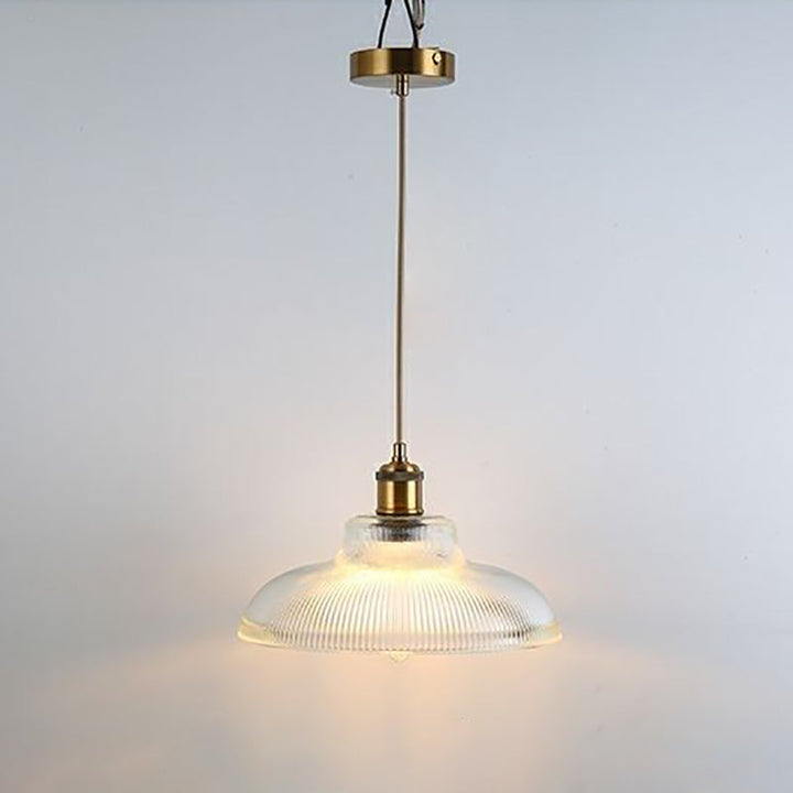 Traditional Japanese Wood Brass Glass Semicircular Loudspeaker 1-Light Pendant Light For Dining Room