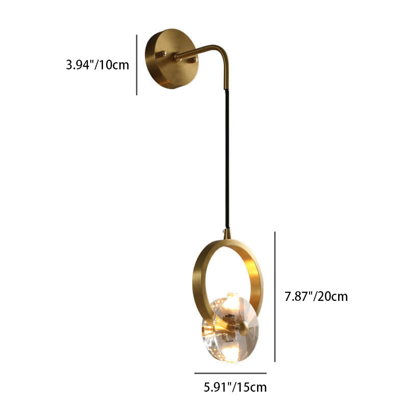 Moderne goldene Glamour-Kupfer-Kreis-Ring-Kristall 1-Licht-Wandleuchte 