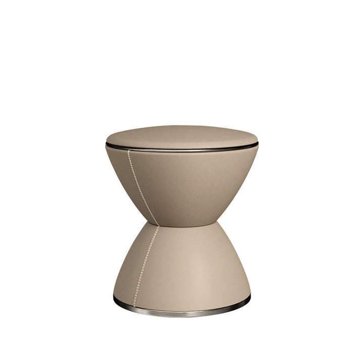 Tabouret bas rond minimaliste moderne en forme de sablier en cuir microfibre et acier inoxydable pour salon 