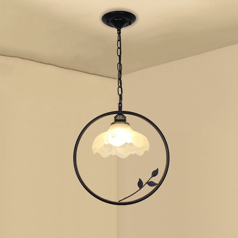 Creative Flower Bud Glass Shade Circle Ring Wrought Iron 1-Light Pendant Light
