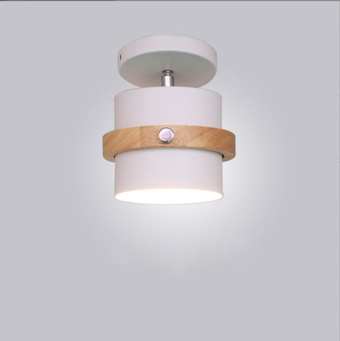 Contemporary Nordic Round Cylinder Iron Solid Wood 1-Light Semi-Flush Mount Ceiling Light For Hallway