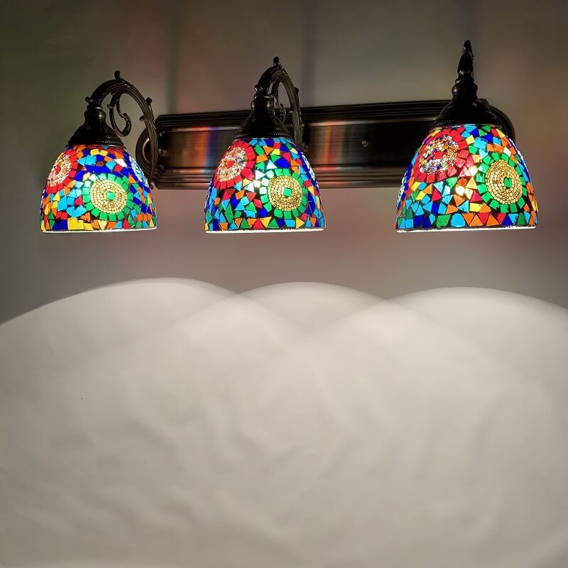 Tiffany Mediterranean Horn Stained Glass 3-Light Bathroom Vanity Mirror Front Wall Sconce Lamp