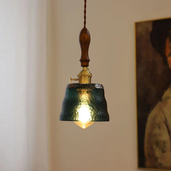 Lámpara colgante de 1 luz con pantalla de vidrio ondulado de nogal Art Deco moderno para sala de estar 