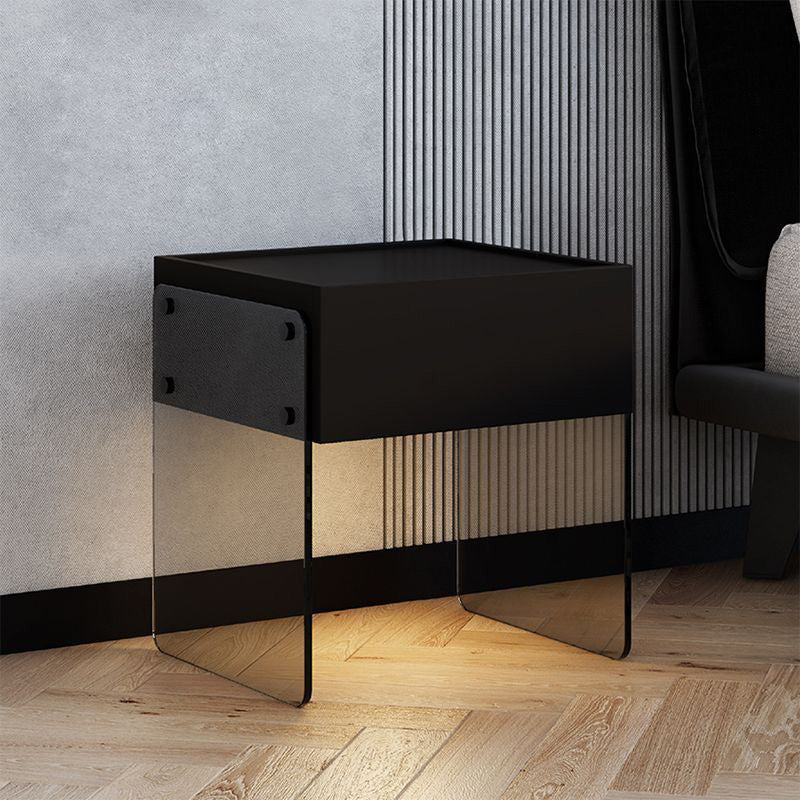 Mesita de noche rectangular moderna y minimalista de madera contrachapada y vidrio con 1 cajón para dormitorio 