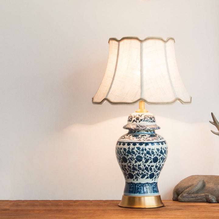 Lámpara de mesa de cerámica con base de jarrón chino tradicional de 1 luz para dormitorio 