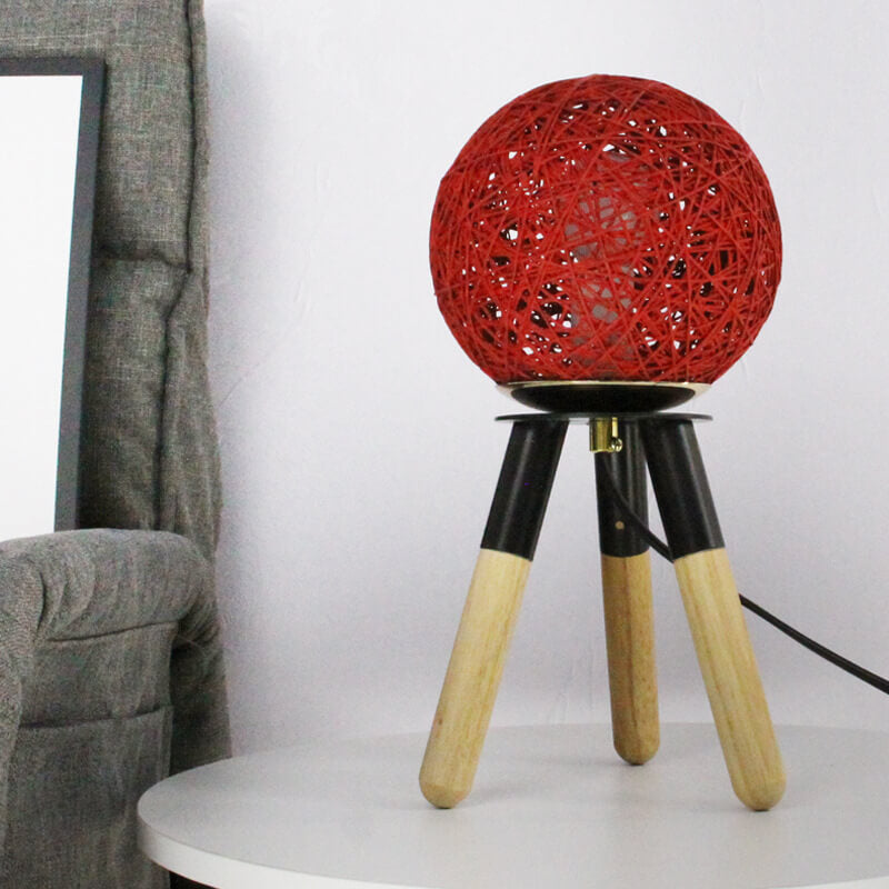 Contemporary Nordic Faux Rattan Ball Wood Metal Tripod 1-Light Table Lamp For Bedroom