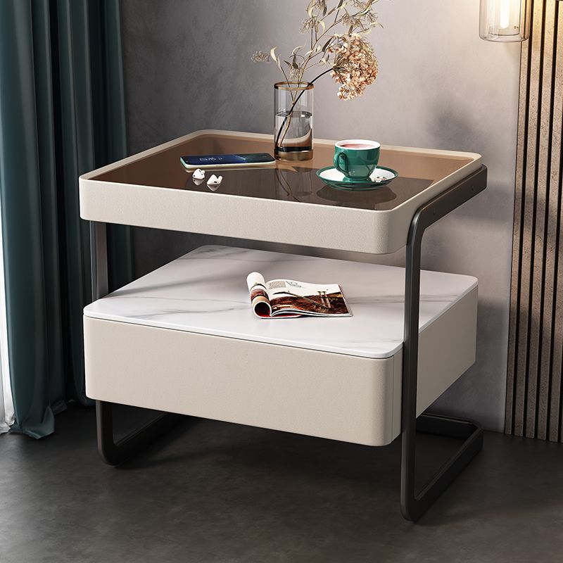 Table de nuit moderne minimaliste rectangulaire en verre trempé avec serrure et 1 tiroir pour chambre 