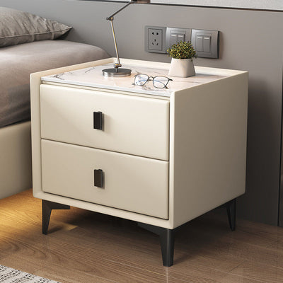 Table de nuit moderne en bois massif à dessus en pierre frittée cubique à 2 tiroirs pour chambre à coucher 