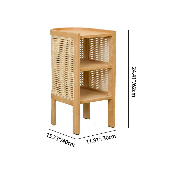 Traditional Japanese Half Oval Solid Wood & Plywood Rattan Weaving Nightstand 3-Tier For Bedroom