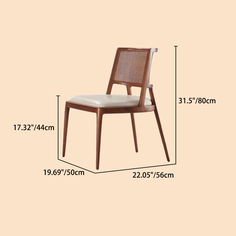 Silla de comedor de madera tapizada en cuero de microfibra cuadrada retro contemporánea con respaldo de ratán para comedor 