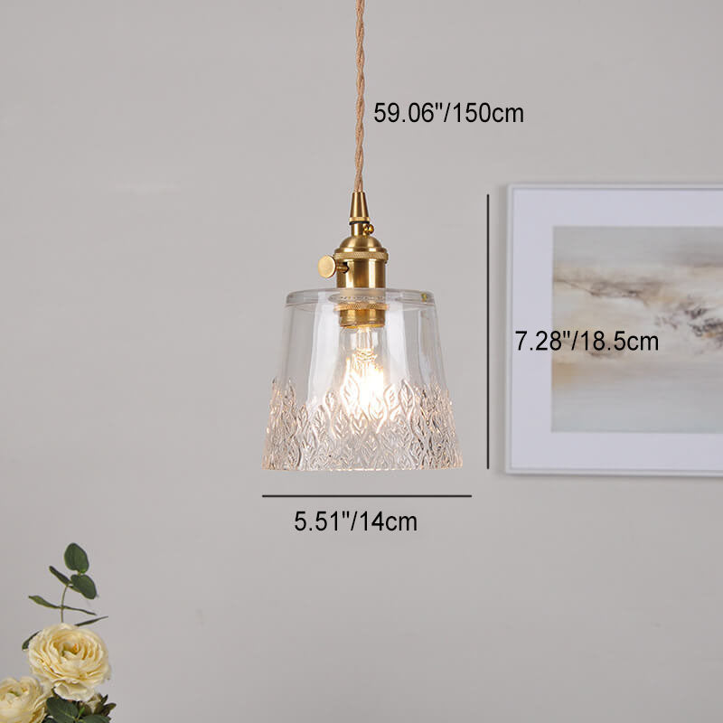 Japanese Vintage Floral Glass Cone Brass 1-Light Pendant Light