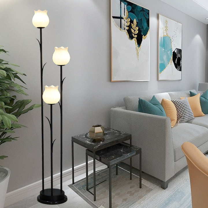 Zeitgenössische skandinavische Zylinderblume Eisen Glas 3-Licht Stehende Stehlampe für Wohnzimmer 