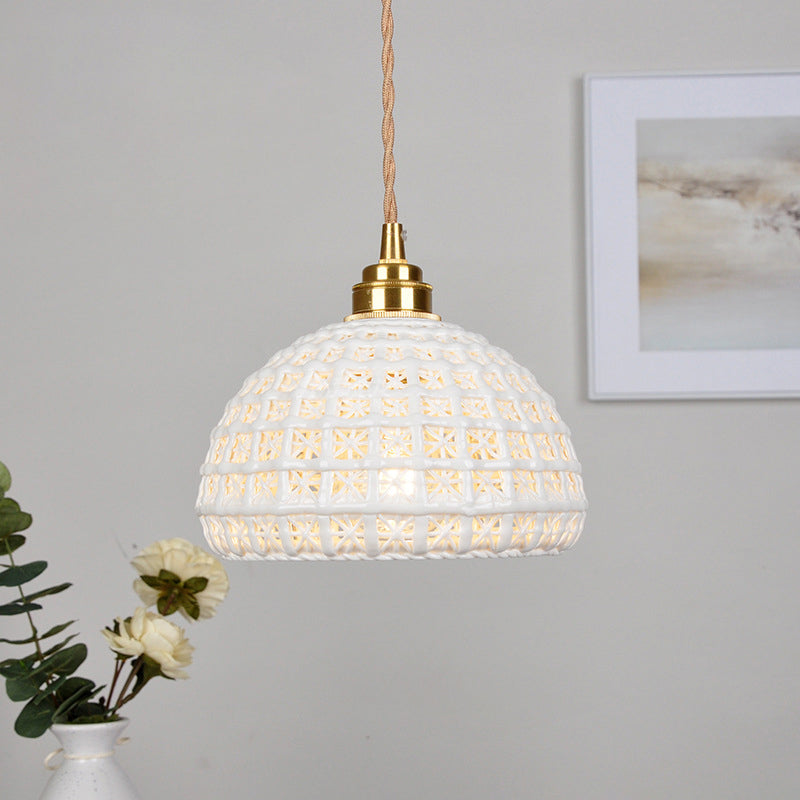 Contemporary Retro Ceramic Brass Copper-Plated Basket Shade 1-Light Pendant Light For Living Room &amp; Bedroom