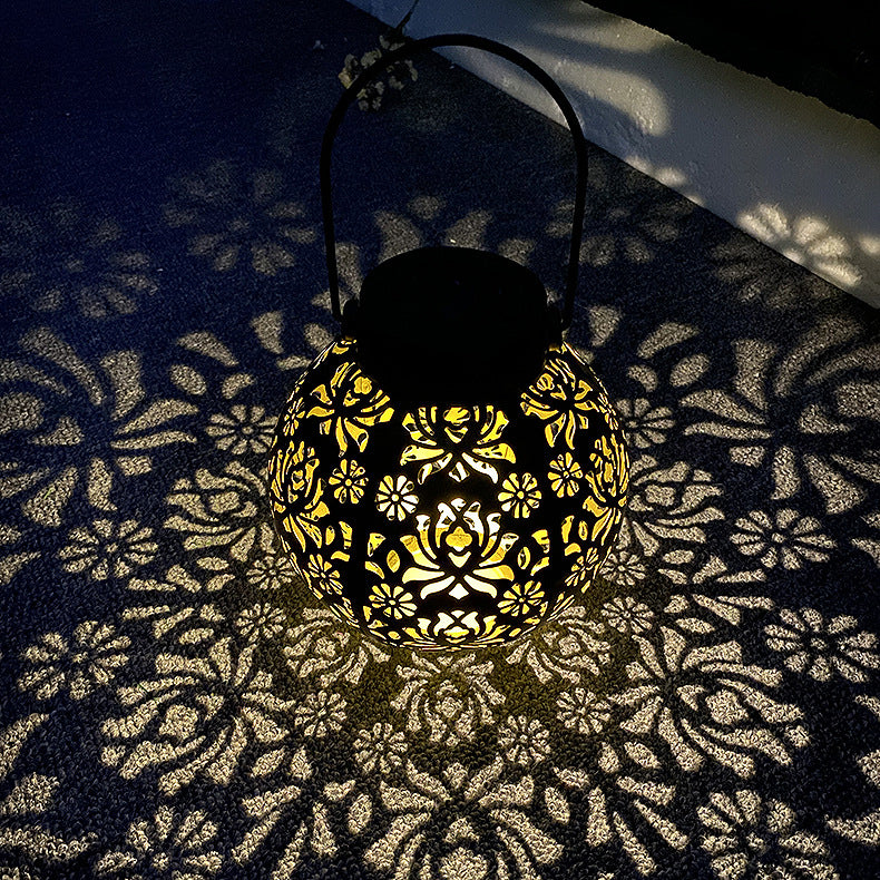 Moderne Art Deco Solar Wasserdichte Aushöhlen Blip Runde Laterne Eisen LED Outdoor Licht Für Garten 