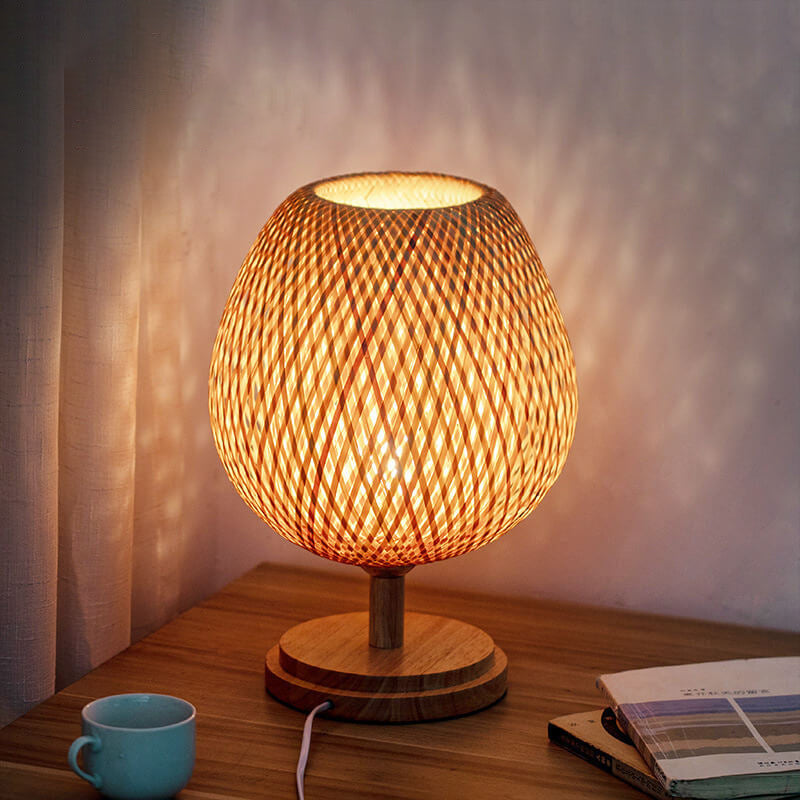 Traditional Chinese Moso Bamboo Wood Iron Weaving Oval Round 1-Light Table Lamp For Bedroom