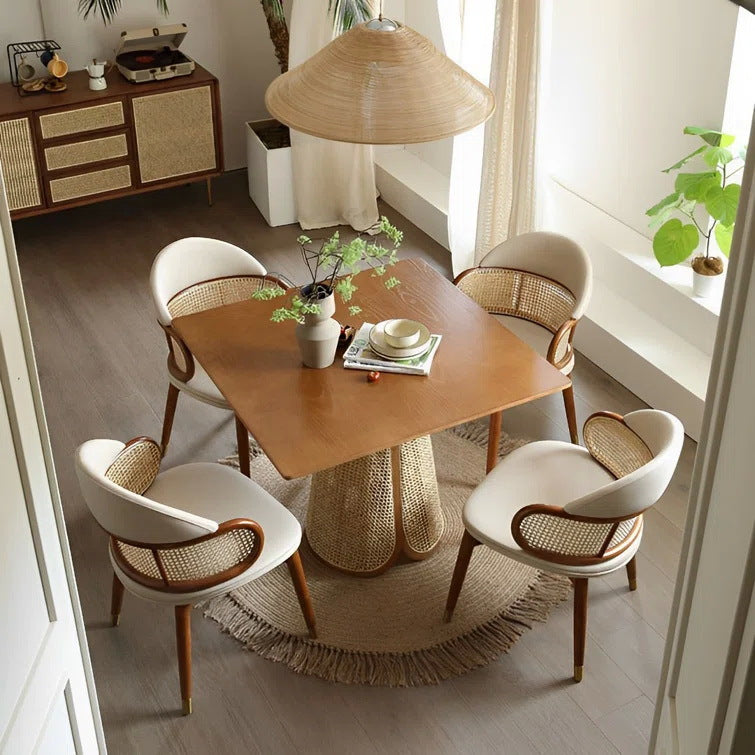 Contemporary Nordic Weaving Ash Wood Rattan Velvet Sponge Round Dining Chair Backrest For Dining Room