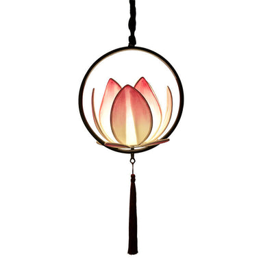 Chinese Zen Lotus Fabric Shade Iron Circle Ring Tassel 1-Light Pendant Light