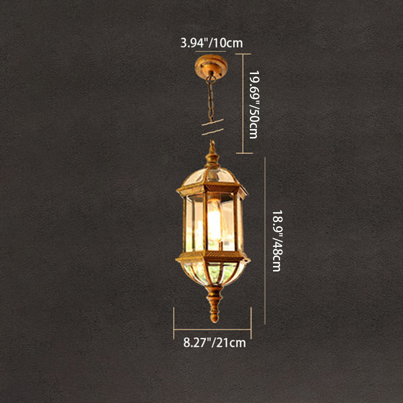 Zeitgenössische Retro sechseckige Laterne Glas Aluminium 1-Licht wasserdichte Pendelleuchte für Terrasse im Freien 