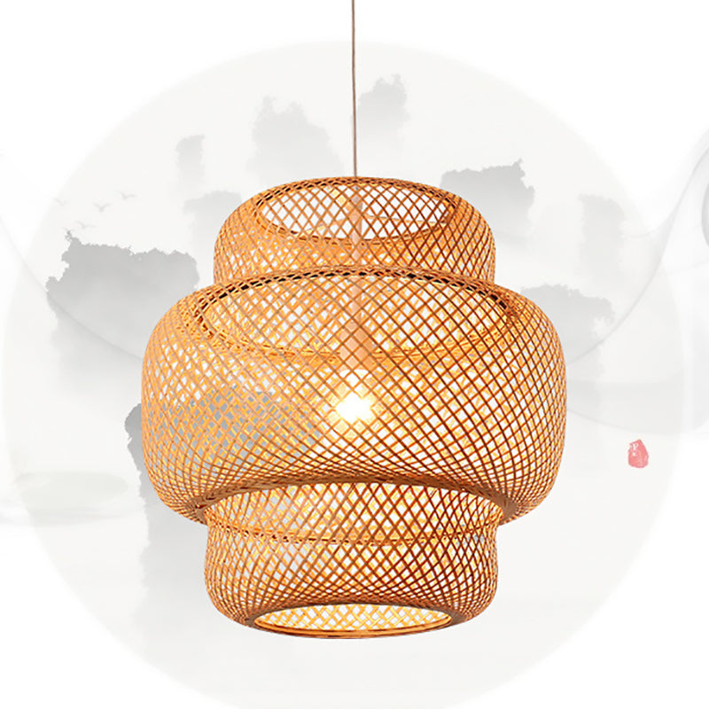 Traditional Japanese Cylinder Bamboo 1-Light Pendant Light For Living Room