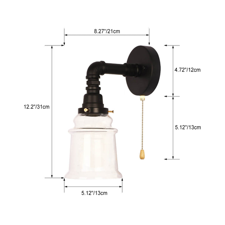 Contemporary Industrial Clear Glass Bell Pipe Iron 1-Light Wall Sconce Lamp For Bedroom
