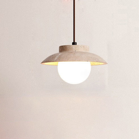 Suspension Luminaire 1 Lumière en Bois et Pierre Naturelle de Forme Bol Vintage Traditionnelle pour Chambre 
