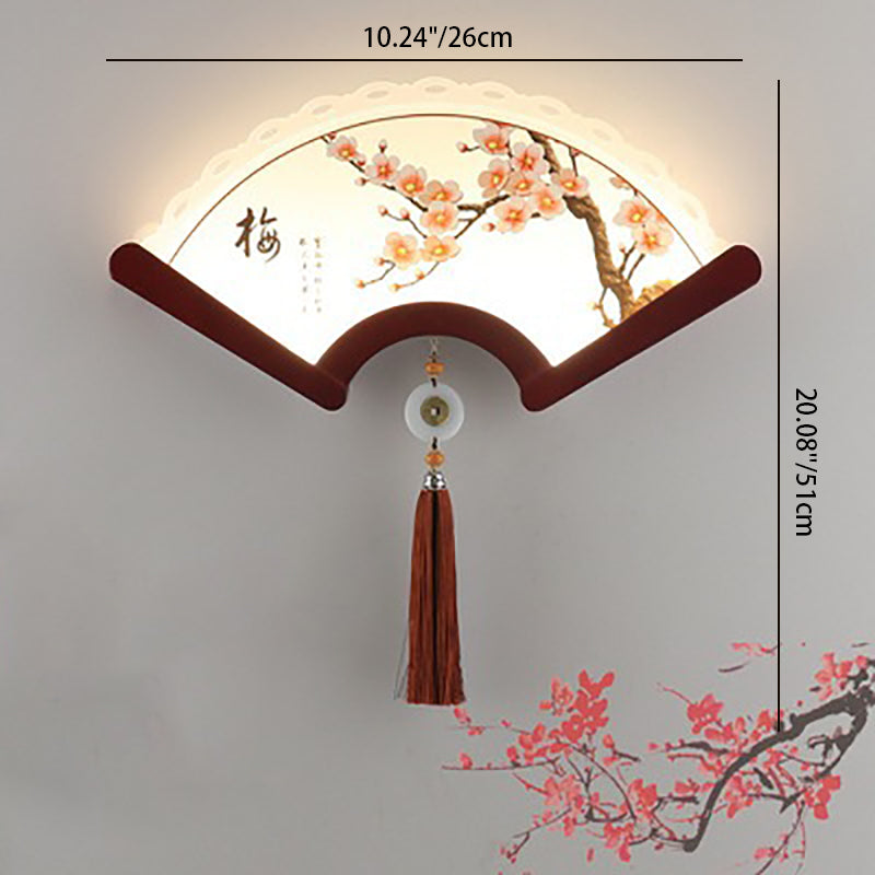 Applique murale LED avec abat-jour en acrylique festonné traditionnel chinois, éléments de plante, bord en bois pour salon 