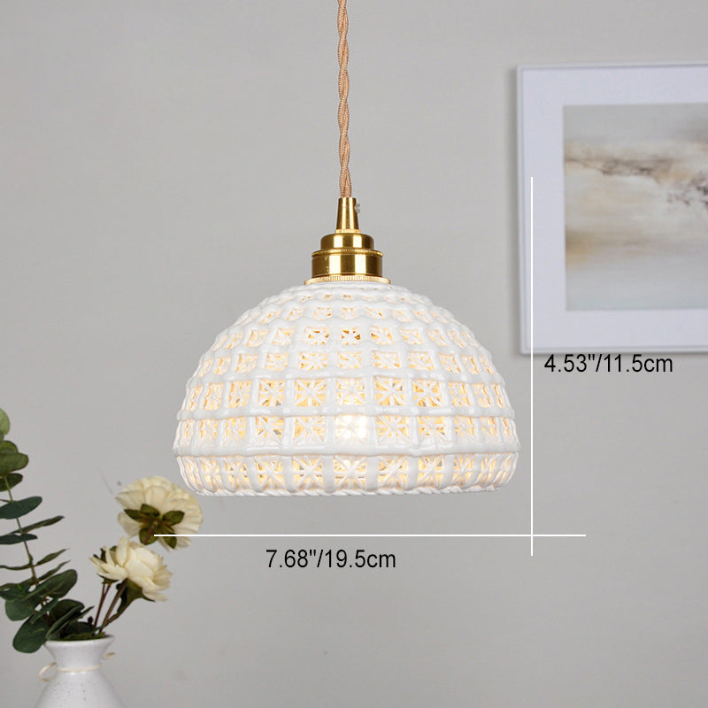 Contemporary Retro Ceramic Brass Copper-Plated Basket Shade 1-Light Pendant Light For Living Room &amp; Bedroom