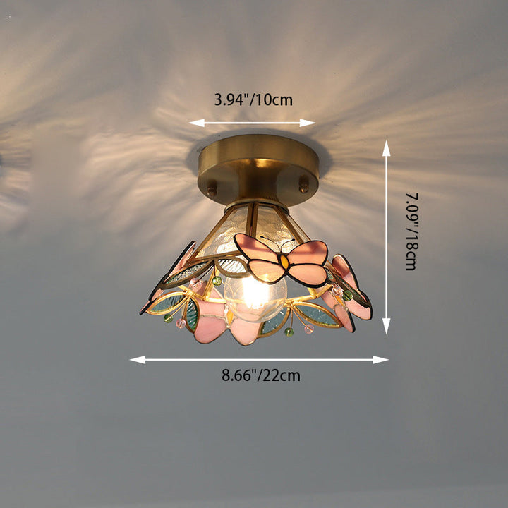 Plafonnier semi-encastré 1 lumière en laiton avec abat-jour en verre en forme de papillon vintage traditionnel pour salon 