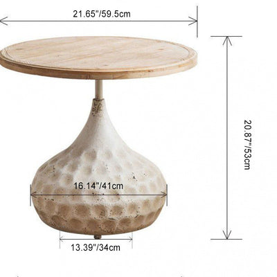 Mesa de café tradicional retro redonda ovalada de base de madera y hierro para sala de estar 