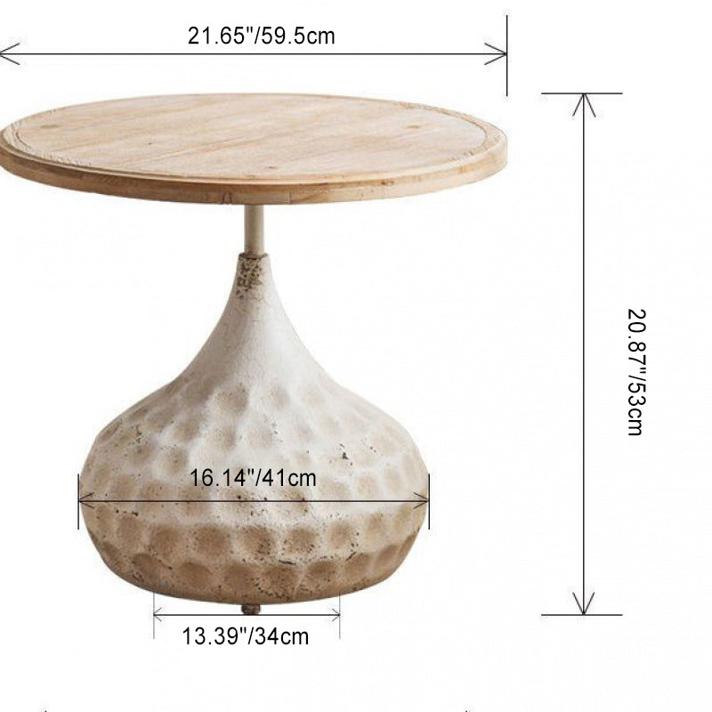 Mesa de café tradicional retro redonda ovalada de base de madera y hierro para sala de estar 