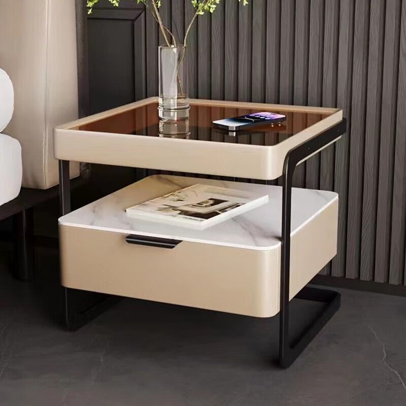 Table de nuit moderne minimaliste rectangulaire en verre renforcé avec dalle de roche et fer, 1 tiroir pour chambre à coucher 