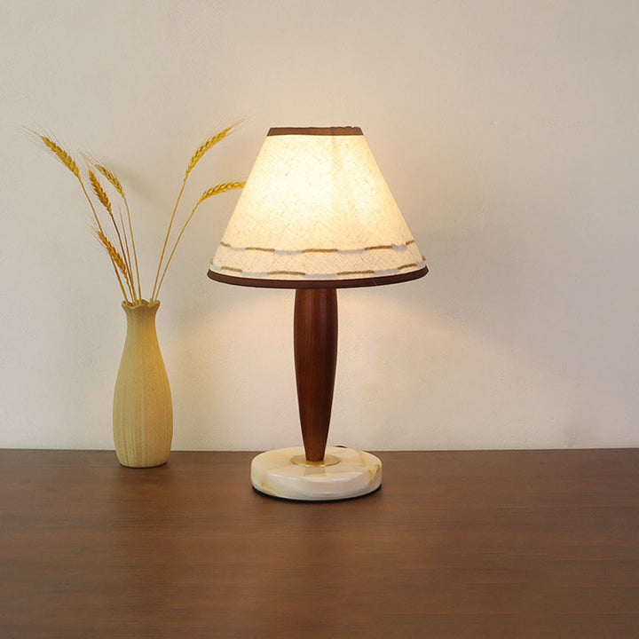 Traditional Vintage Tapered Marble Solid Wood Fabric 1-Light Table Lamp For Bedroom