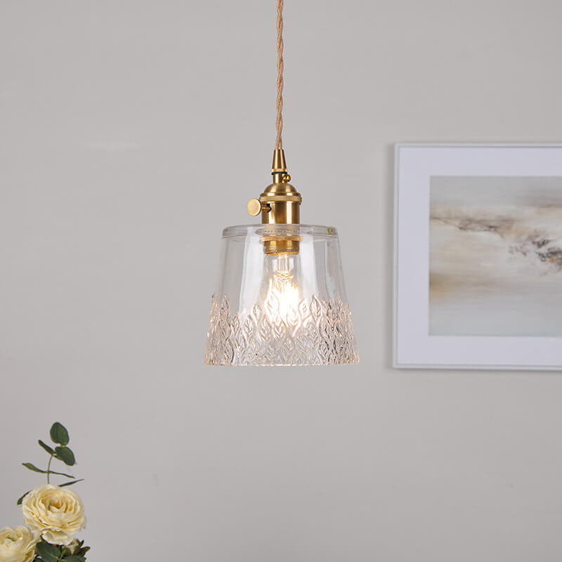 Japanese Vintage Floral Glass Cone Brass 1-Light Pendant Light