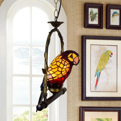 Traditional Tiffany Parrot Hardware Stained Glass 1-Light Pendant Light For Living Room