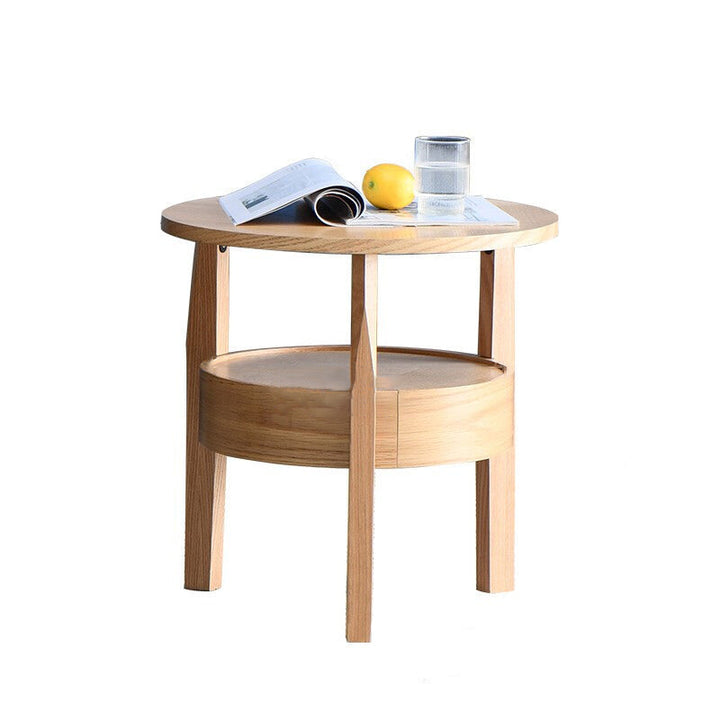 Mesa auxiliar redonda contemporánea, retro y vintage de madera de caucho, madera de pino y contrachapado con cajón de 2 niveles para sala de estar 