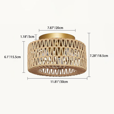 Contemporary Boho Rattan Weaving Cage 3-Light Semi-Flush Mount Ceiling Light For Living Room
