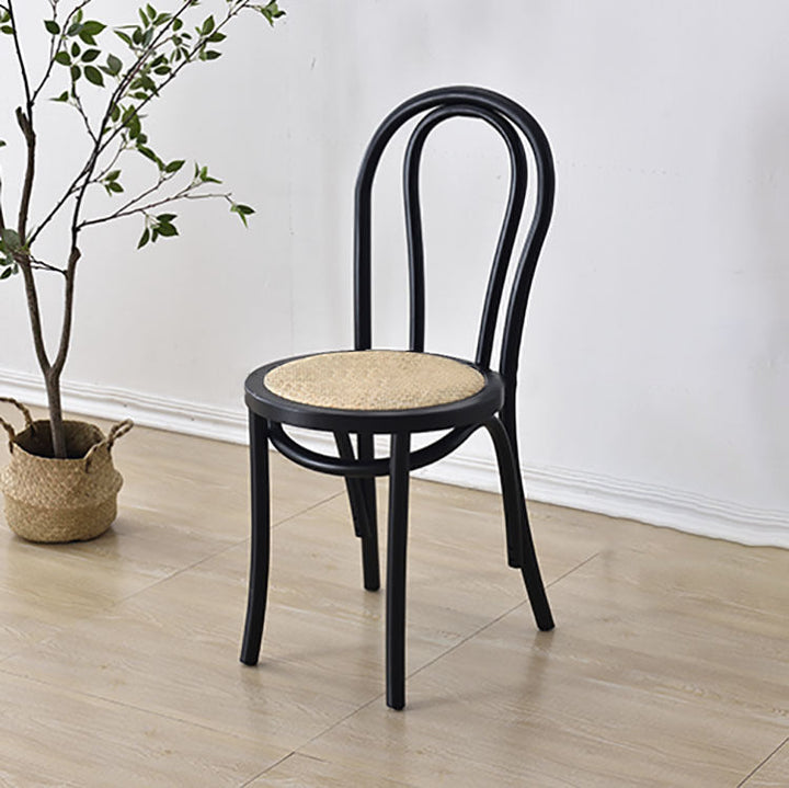 Contemporary Retro Faux Rattan Rubberwood Round Arched Dining Chair Backrest For Dining Room