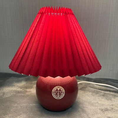 Traditional Chinese Red Pleated Fabric Lampshade Ceramic Base 1-Light Table Lamp For Bedroom