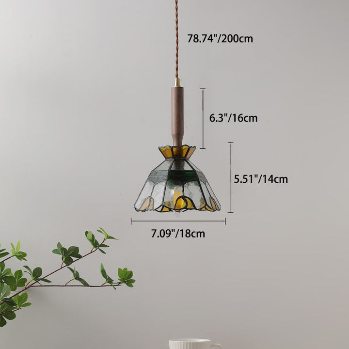 Traditionelle Vintage Blumenform Holz Glas 1-Licht Pendelleuchte für Wohnzimmer 